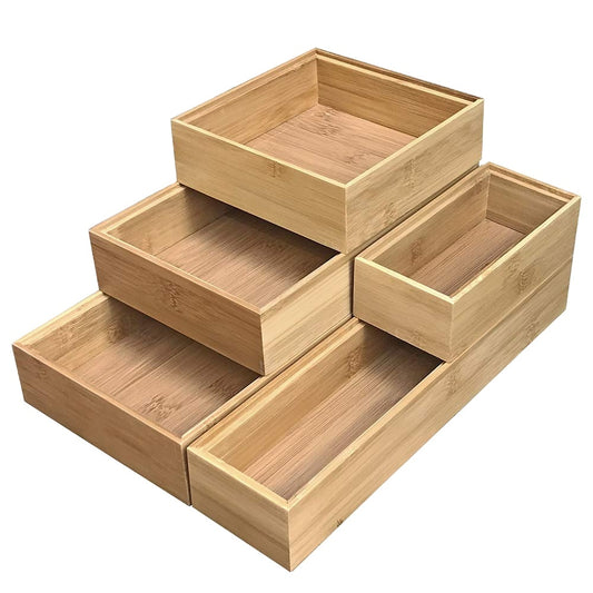 Bamboo Stackable Drawer Organizer And Desk Storage Box Tray