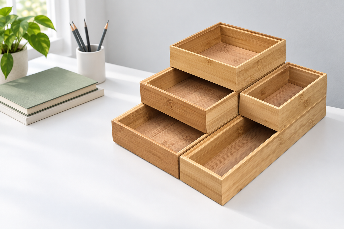 Bamboo drawer organizer on a desk; styling accessories not included