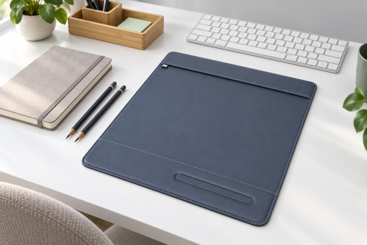 Blue desk pad in a workspace; styling accessories not included